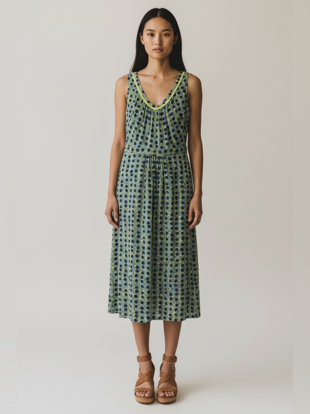 Boden Green and Navy Polka Dot Midi Dress